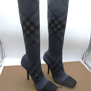 Burberry Navy Gray Check Knee High Heel Sock Boots Size 40 with Box